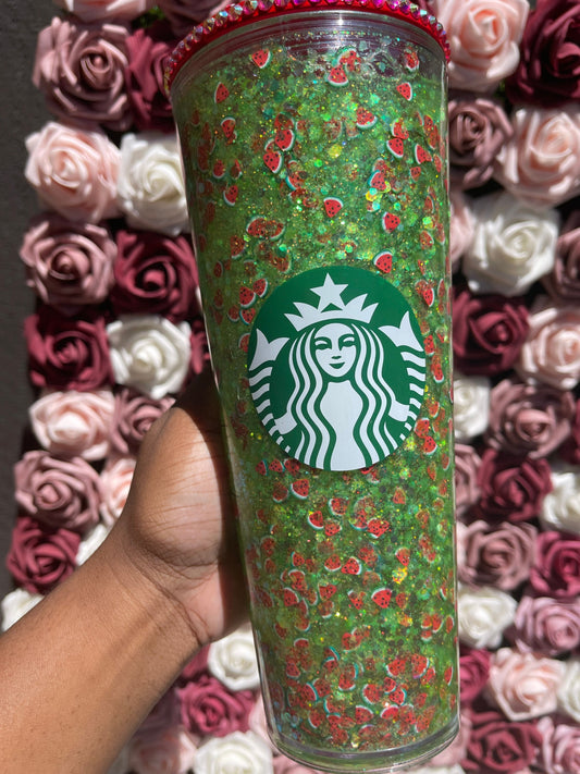 Watermelon Sugar Snow Globe Tumbler|Starbucks Rhinestone Lid Tumbler|Floating Glitter|Green & Red Iridescent