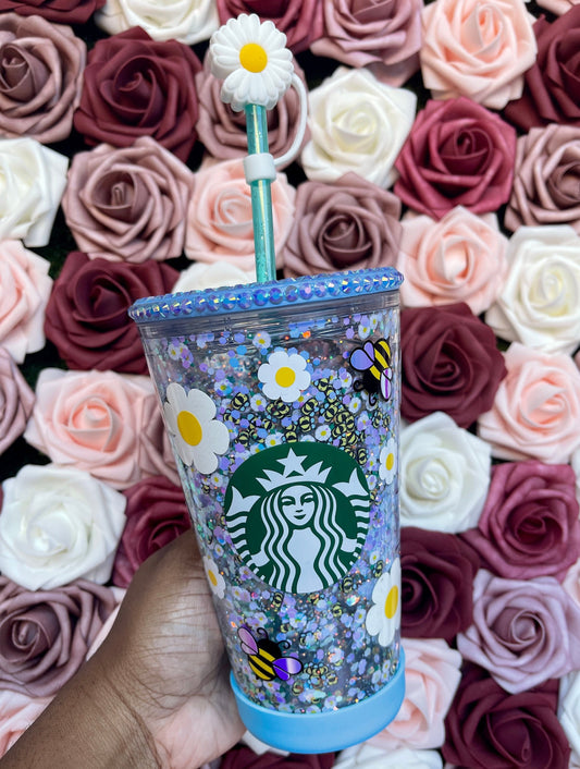 Baby Blue Bumble Bee and Daisies Holographic Glitter Snow Globe Tumbler|Floating Glitter