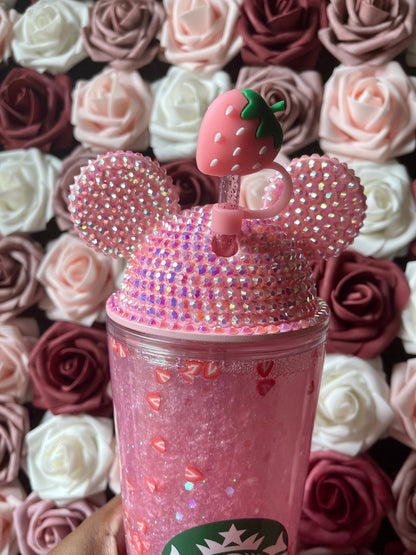 Starbucks Strawberry Pink Drink Snow Globe Tumbler|Starbucks Rhinestone Lid Tumbler|Floating Glitter|Pink Iridescent