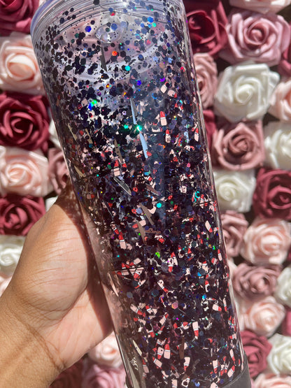 Makeup and Murder Snow Globe Tumbler|Floating Glitter|Lipstick & Knives|Black and Red