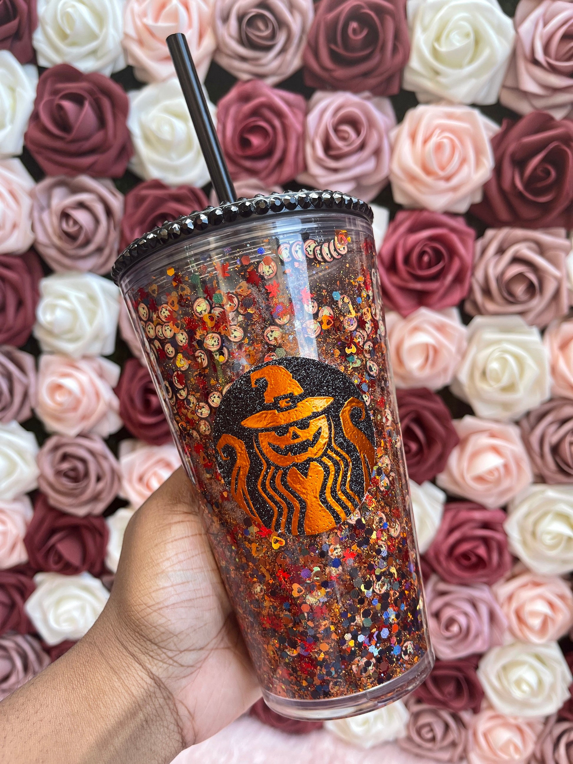 Pumpkin Orange & Black Halloween Snow Globe Tumbler|Starbucks Rhinestone Lid Tumbler