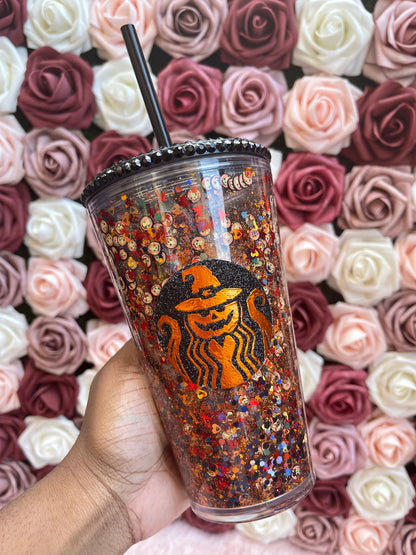 Pumpkin Orange & Black Halloween Snow Globe Tumbler|Starbucks Rhinestone Lid Tumbler