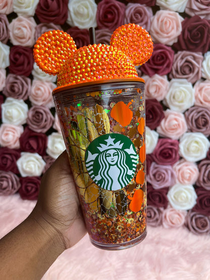 Sunflower Pumpkin Halloween Snow Globe Tumbler|Starbucks Rhinestone Lid Tumbler|Floating Glitter|Fall Tumbler