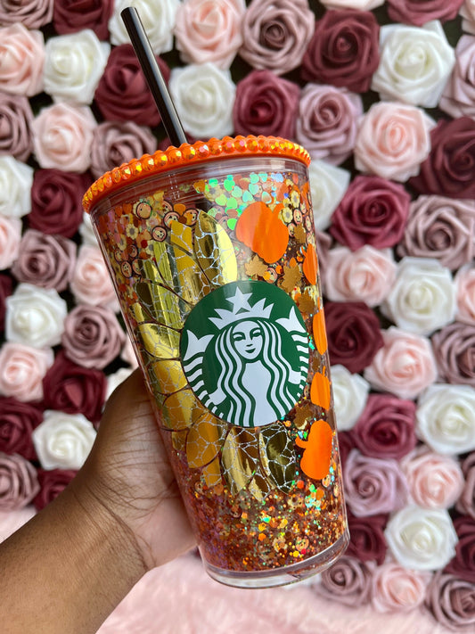 Sunflower Pumpkin Halloween Snow Globe Tumbler|Starbucks Rhinestone Lid Tumbler|Floating Glitter|Fall Tumbler