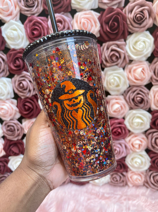 Pumpkin Orange & Black Halloween Snow Globe Tumbler|Starbucks Rhinestone Lid Tumbler