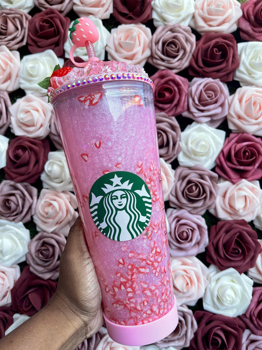 Starbucks Strawberry Pink Drink Snow Globe Tumbler|Starbucks Rhinestone Lid Tumbler|Floating Glitter|Pink Iridescent