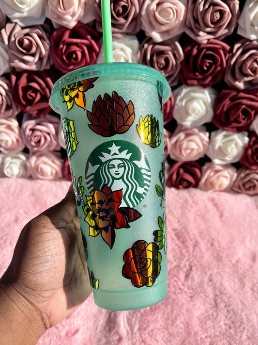 Starbucks Holographic Succulents Green Glitter Cold Cup Tumbler|Christmas Tumbler|Venti 24 oz