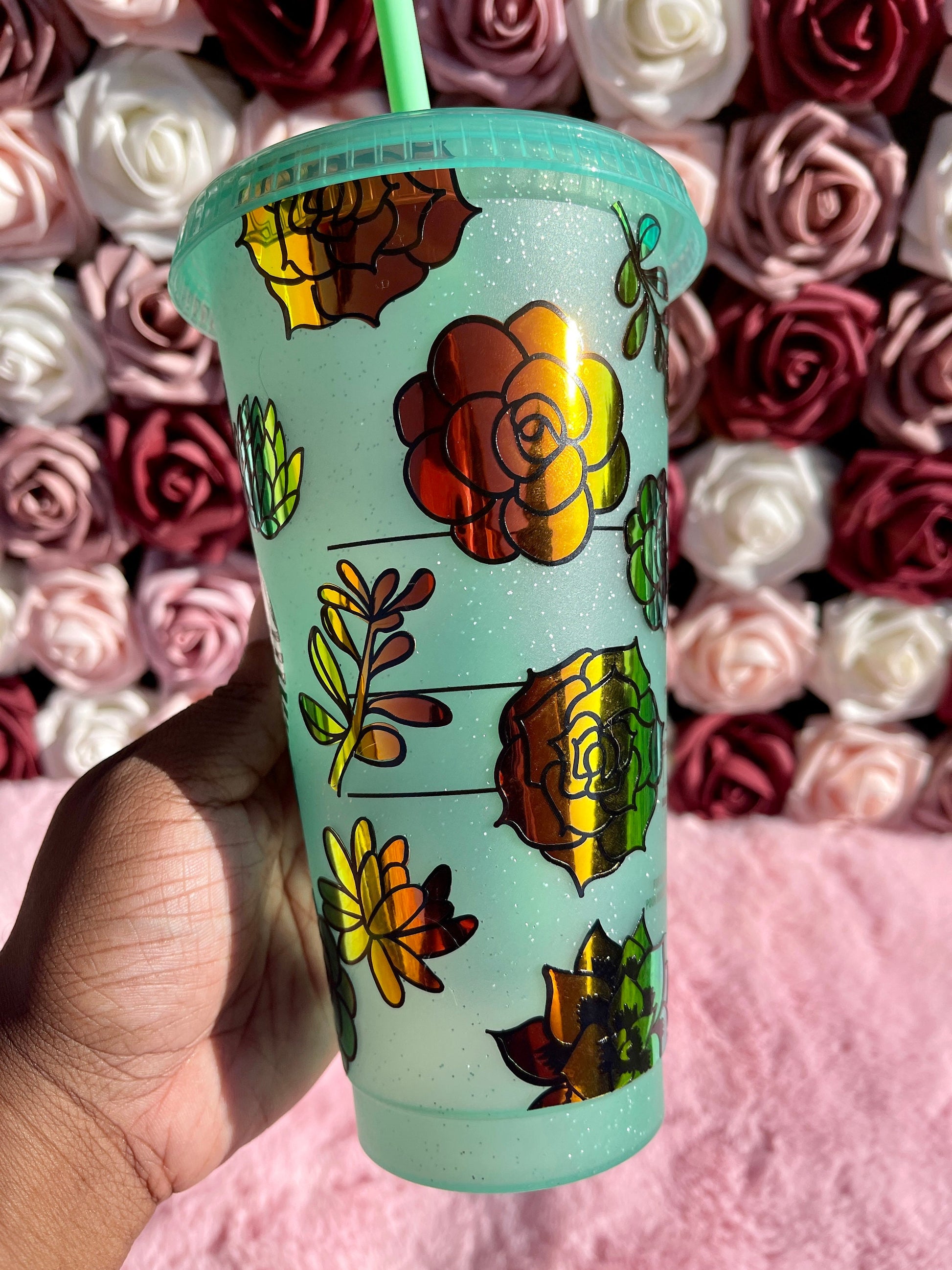 Starbucks Holographic Succulents Green Glitter Cold Cup Tumbler|Christmas Tumbler|Venti 24 oz