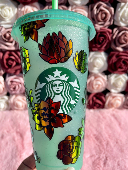 Starbucks Holographic Succulents Green Glitter Cold Cup Tumbler|Christmas Tumbler|Venti 24 oz