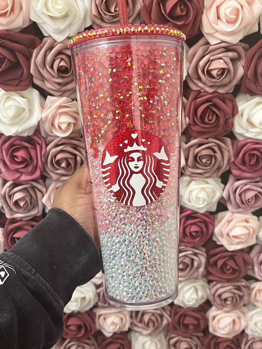 Starbucks Valentines Day Three Color Ombre Rhinestone Filled Tumbler|Rhinestone Lid|Red AB Pink AB Clear AB