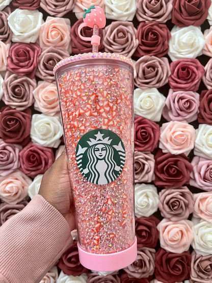 Starbucks Strawberry Pink Drink Rhinestone Filled Tumbler|Starbucks Rhinestone Lid Tumbler|Reverse Rhinestones|Pink Iridescent
