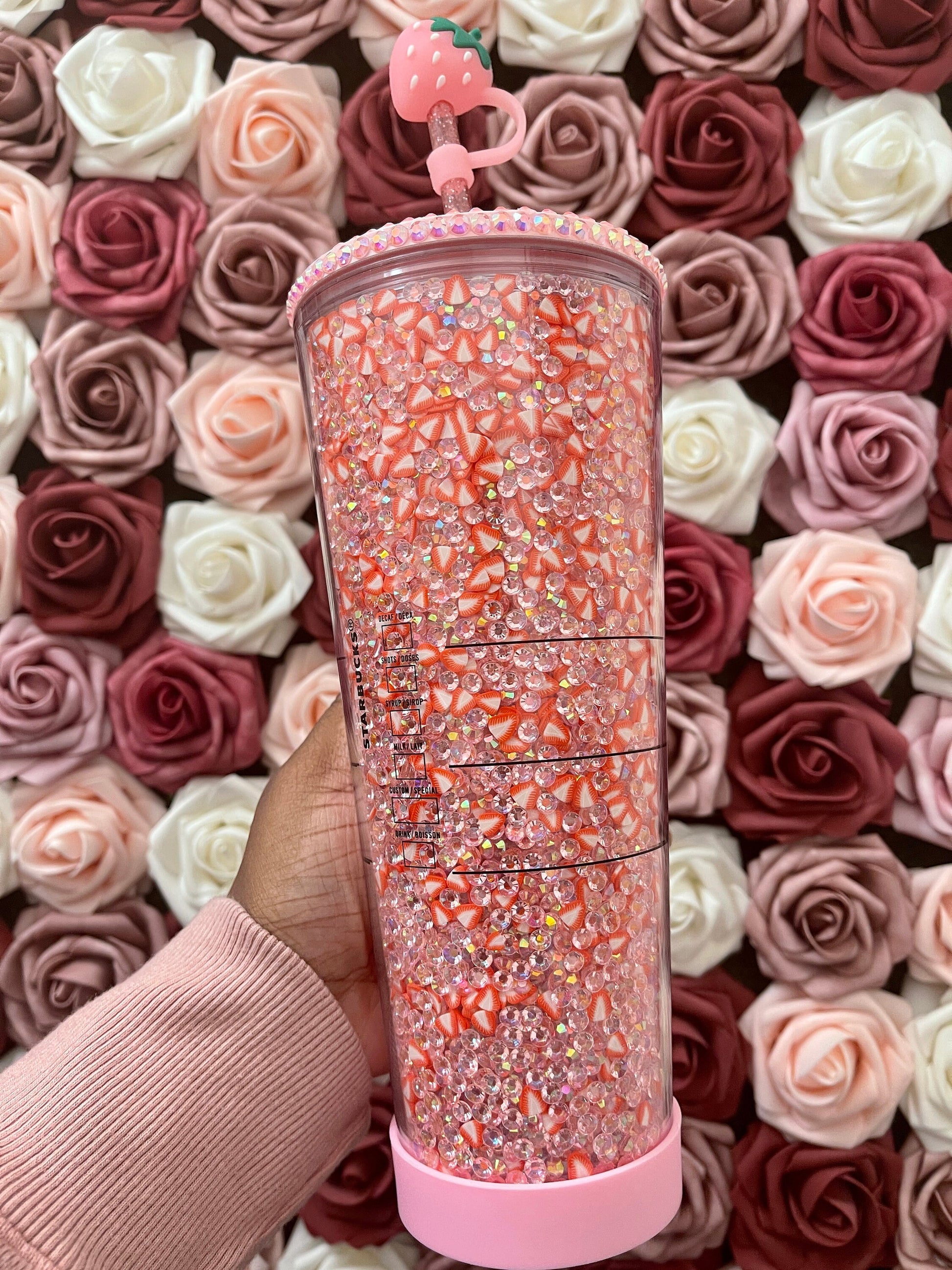 Starbucks Strawberry Pink Drink Rhinestone Filled Tumbler|Starbucks Rhinestone Lid Tumbler|Reverse Rhinestones|Pink Iridescent
