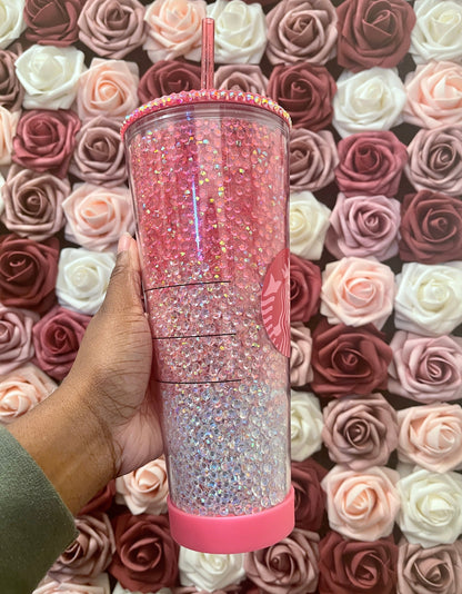 Starbucks Pink Three Color Ombre Rhinestone Filled Tumbler|Rhinestone Lid| Reverse Rhinestones|Lt.Rose AB|Pink AB|Clear AB