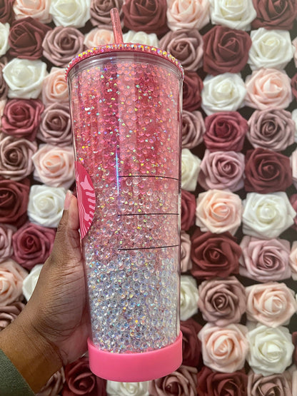 Starbucks Pink Three Color Ombre Rhinestone Filled Tumbler|Rhinestone Lid| Reverse Rhinestones|Lt.Rose AB|Pink AB|Clear AB