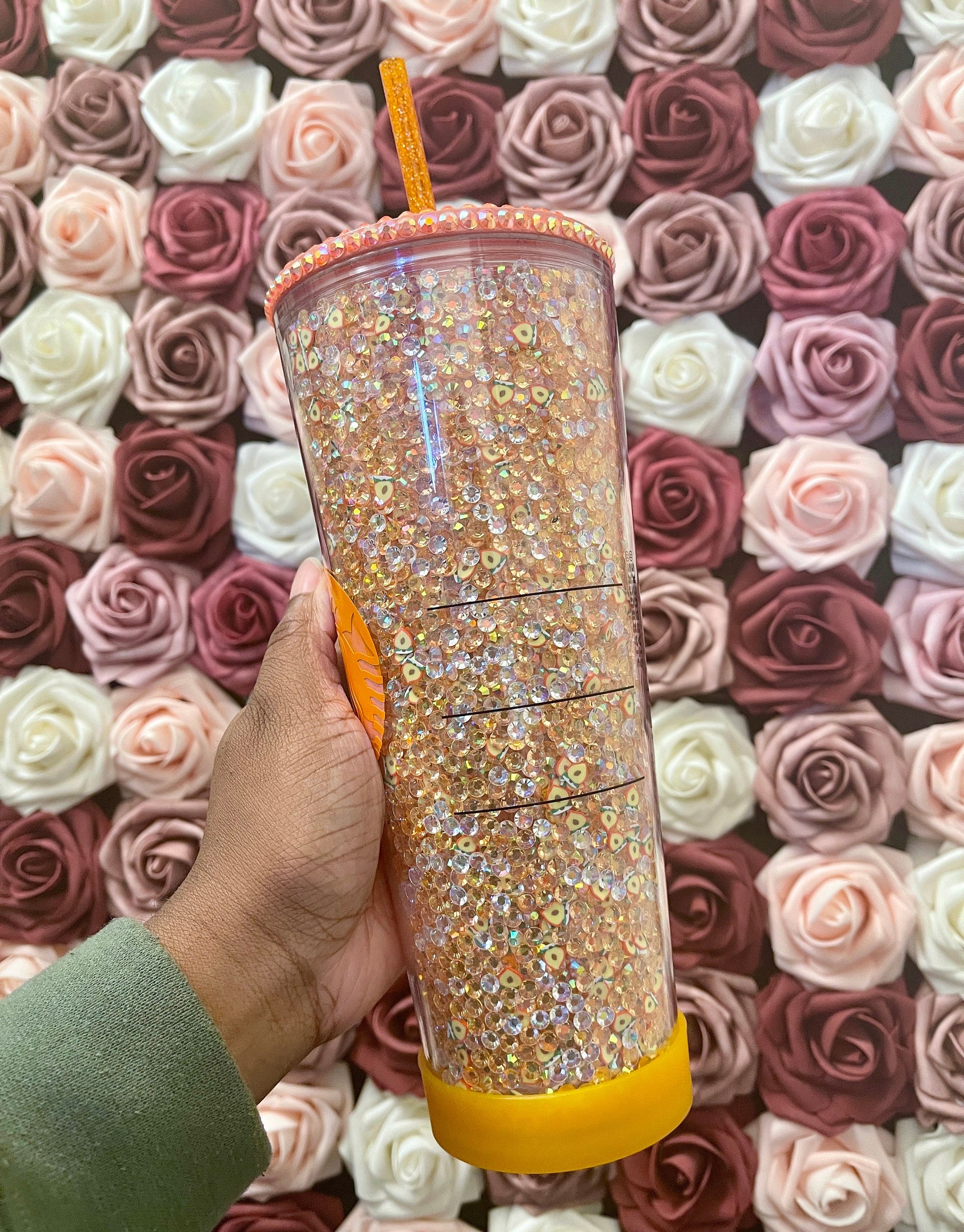 Starbucks Peaches and Cream Rhinestone Filled Tumbler|Rhinestone Lid| Reverse Rhinestones|Champagne AB and Clear AB