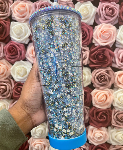 Starbucks Baby Blue Bumble Bee and Daisy Rhinestone Filled Tumbler|Rhinestone Lid| Reverse Rhinestones|Lt. Sapphire AB