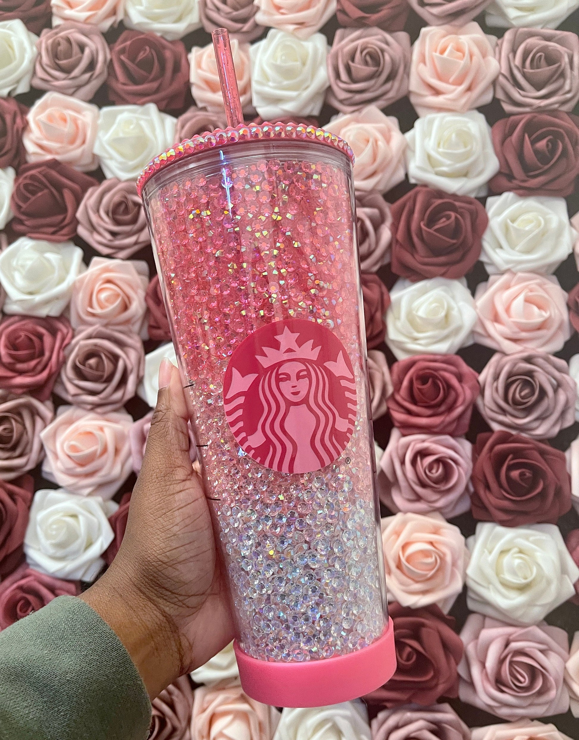 Starbucks Pink Three Color Ombre Rhinestone Filled Tumbler|Rhinestone Lid| Reverse Rhinestones|Lt.Rose AB|Pink AB|Clear AB