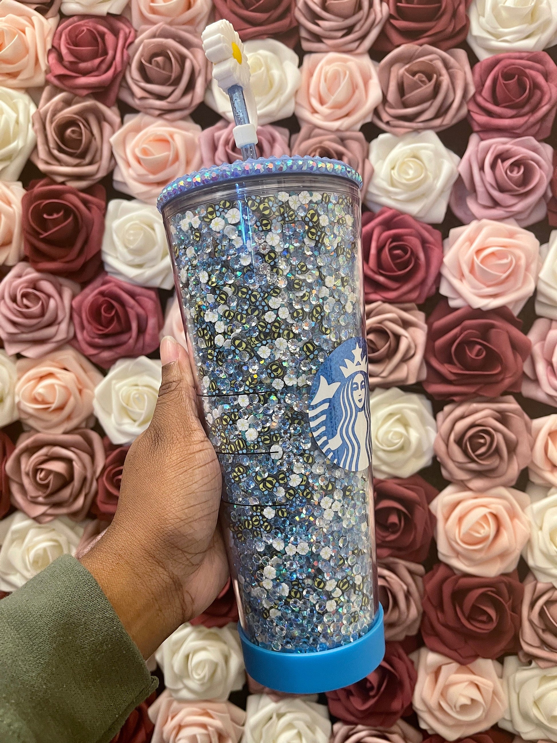 Starbucks Baby Blue Bumble Bee and Daisy Rhinestone Filled Tumbler|Rhinestone Lid| Reverse Rhinestones|Lt. Sapphire AB