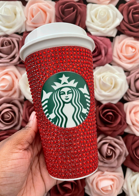 Red Glitter HTV and Red Rhinestone Bling Hot Cup Starbucks Tumbler 16oz