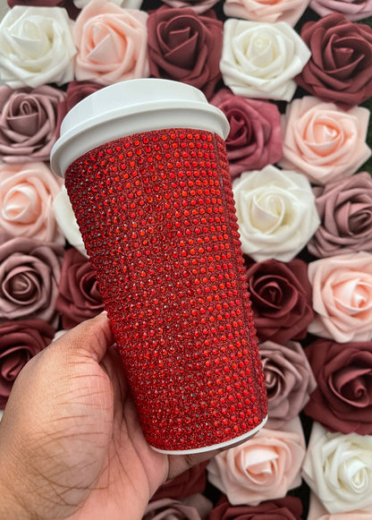 Red Glitter HTV and Red Rhinestone Bling Hot Cup Starbucks Tumbler 16oz