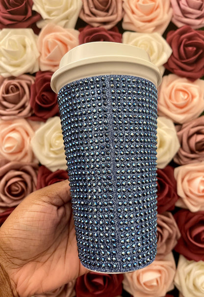 True Blue Glitter HTV and Metal Blue Rhinestone Bling Hot Cup Starbucks Tumbler 16 oz