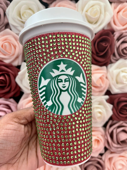 Blush Glitter HTV and Peridot Rhinestone Bling Hot Cup Starbucks Tumbler 16 oz