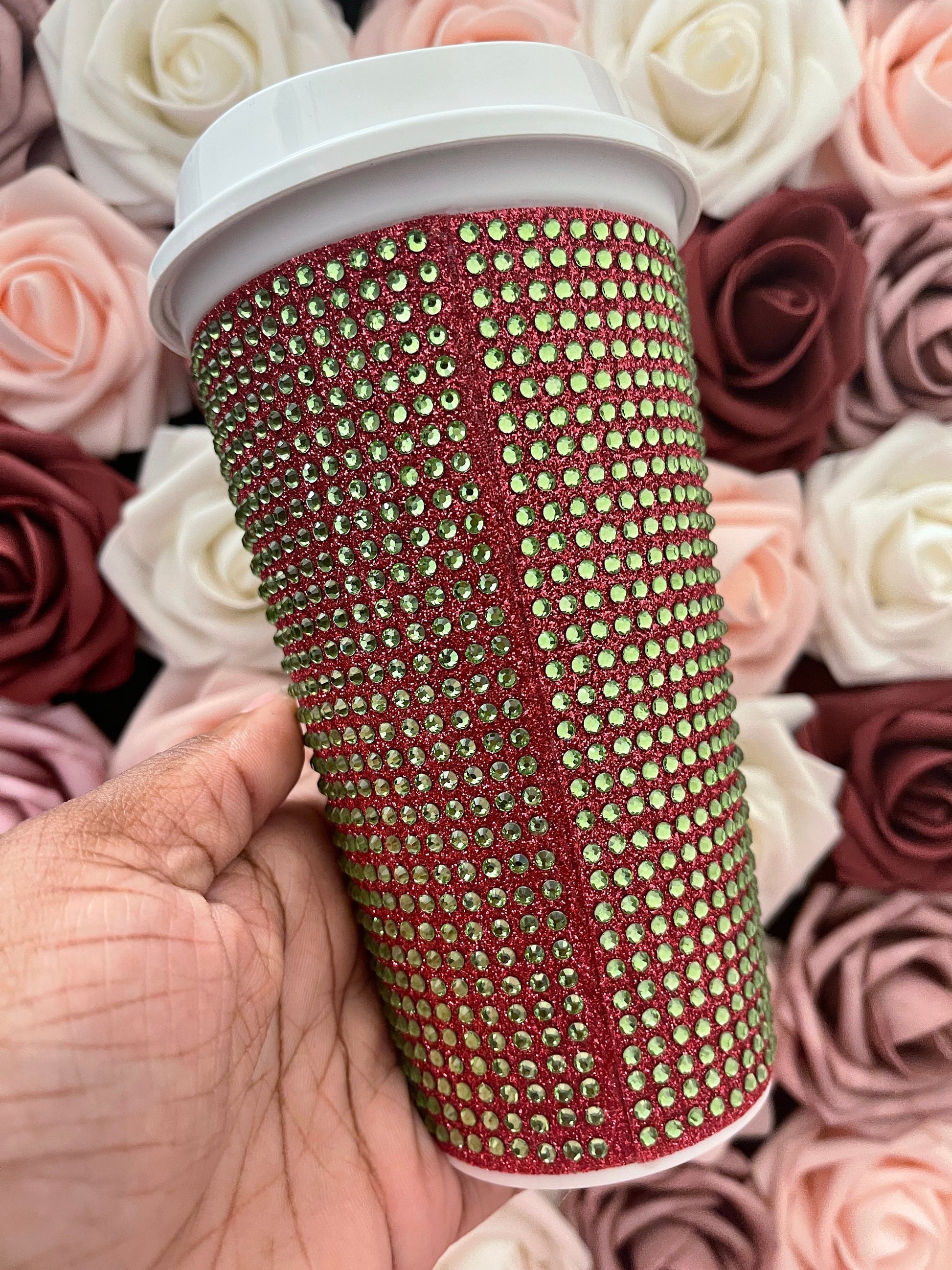 Blush Glitter HTV and Peridot Rhinestone Bling Hot Cup Starbucks Tumbler 16 oz