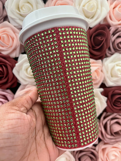 Blush Glitter HTV and Peridot Rhinestone Bling Hot Cup Starbucks Tumbler 16 oz