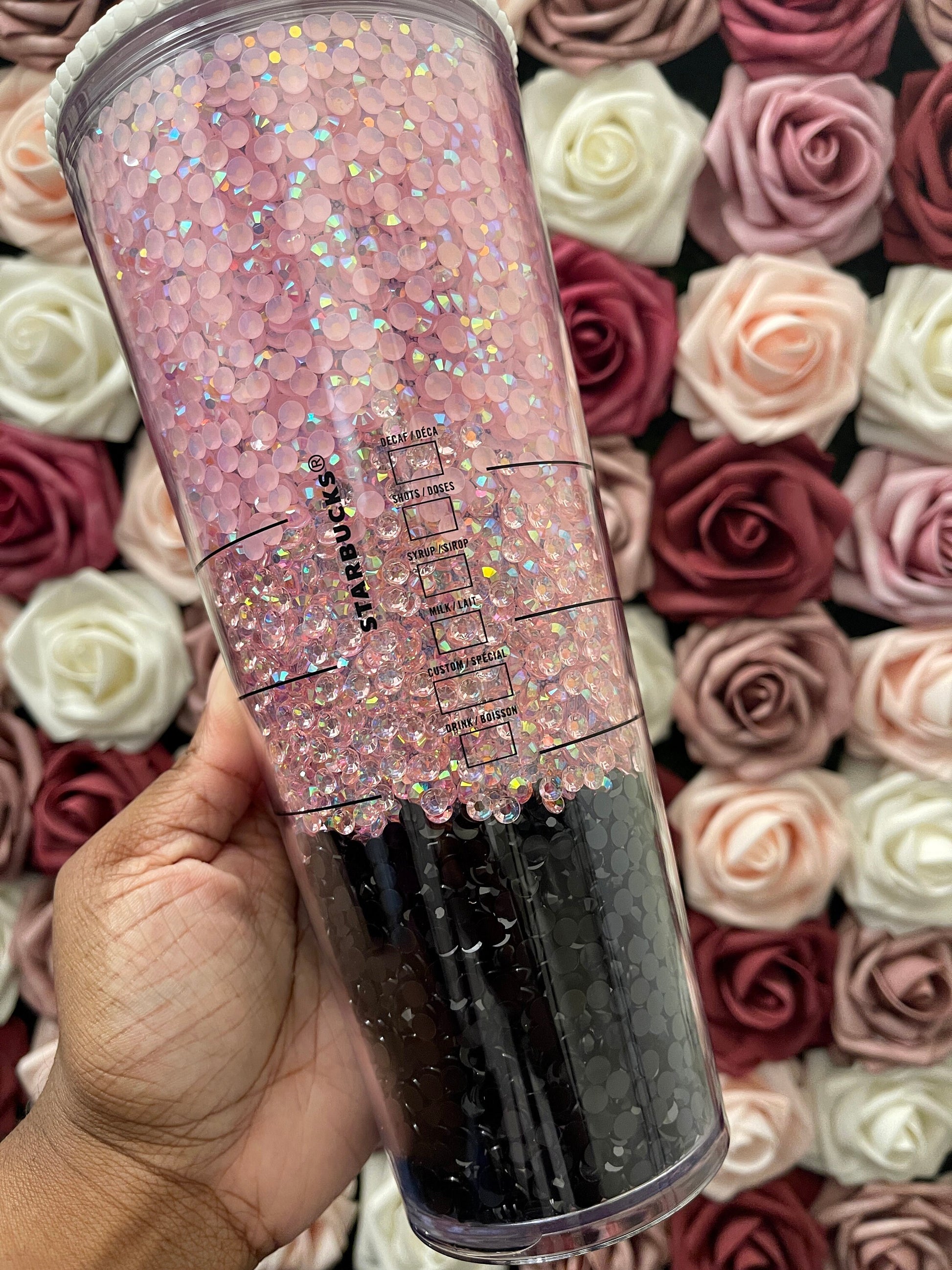 Starbucks Three Color Ombre Pink and Black Rhinestone Filled Tumbler|Rhinestone Lid| Reverse Rhinestones