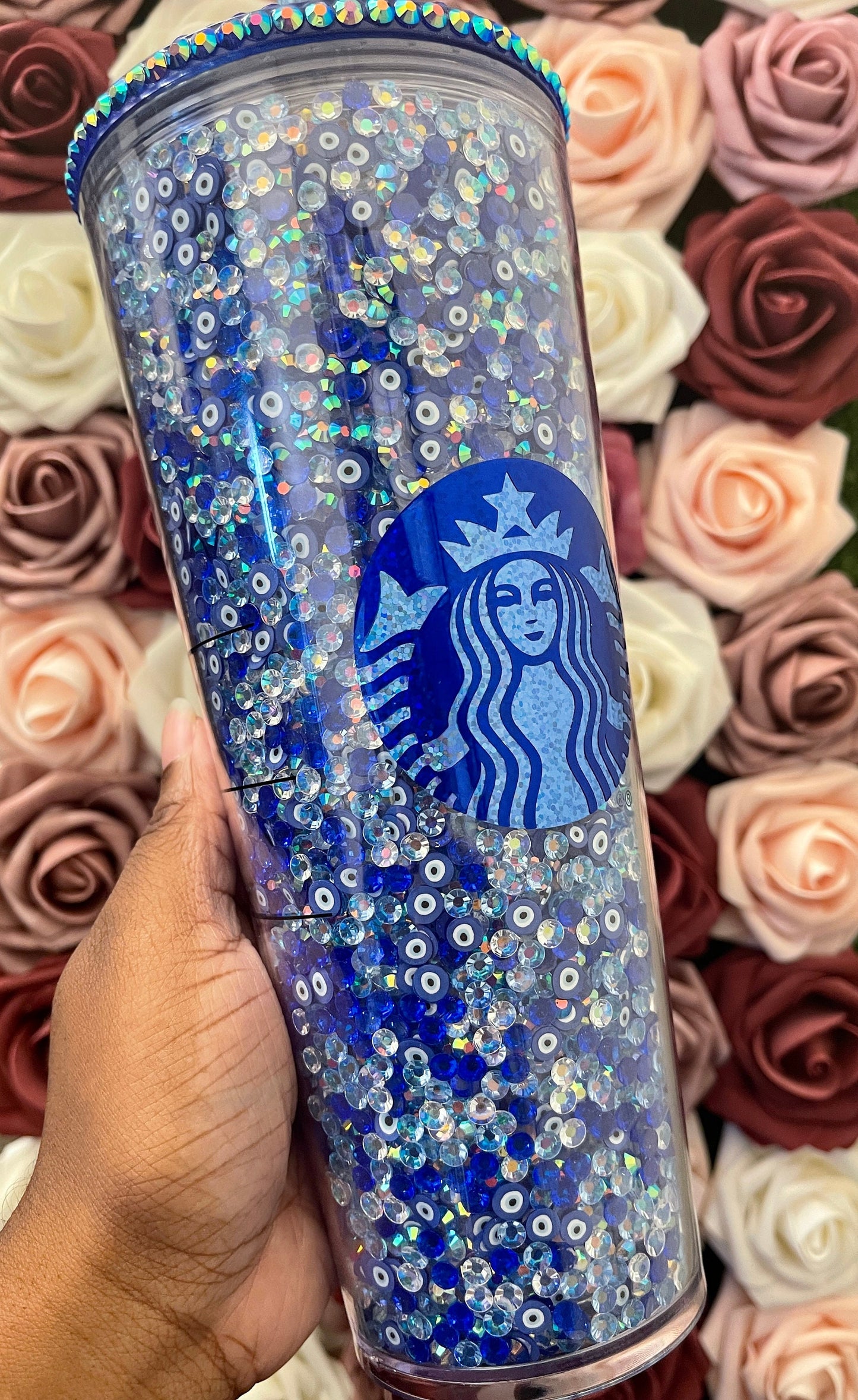 Starbucks Blue Evil Eye Rhinestone Filled Tumbler|Rhinestone Lid| Reverse Rhinestones|Lt. Sapphire AB