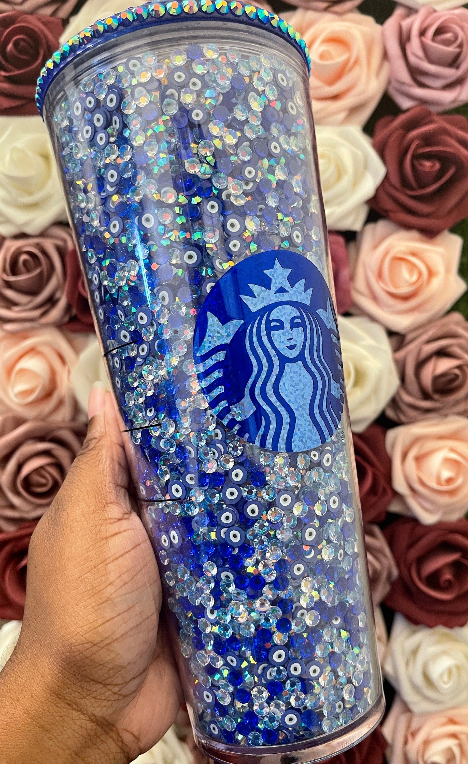 Starbucks Blue Evil Eye Rhinestone Filled Tumbler|Rhinestone Lid| Reverse Rhinestones|Lt. Sapphire AB