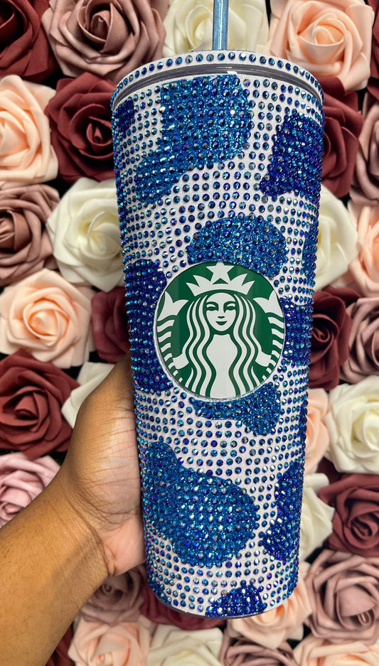 Royal Blue and Aqua Tone Cow Print with Sapphire AB Rhinestone Full Bling Venti Acrylic Starbucks Tumbler 16 or 24oz