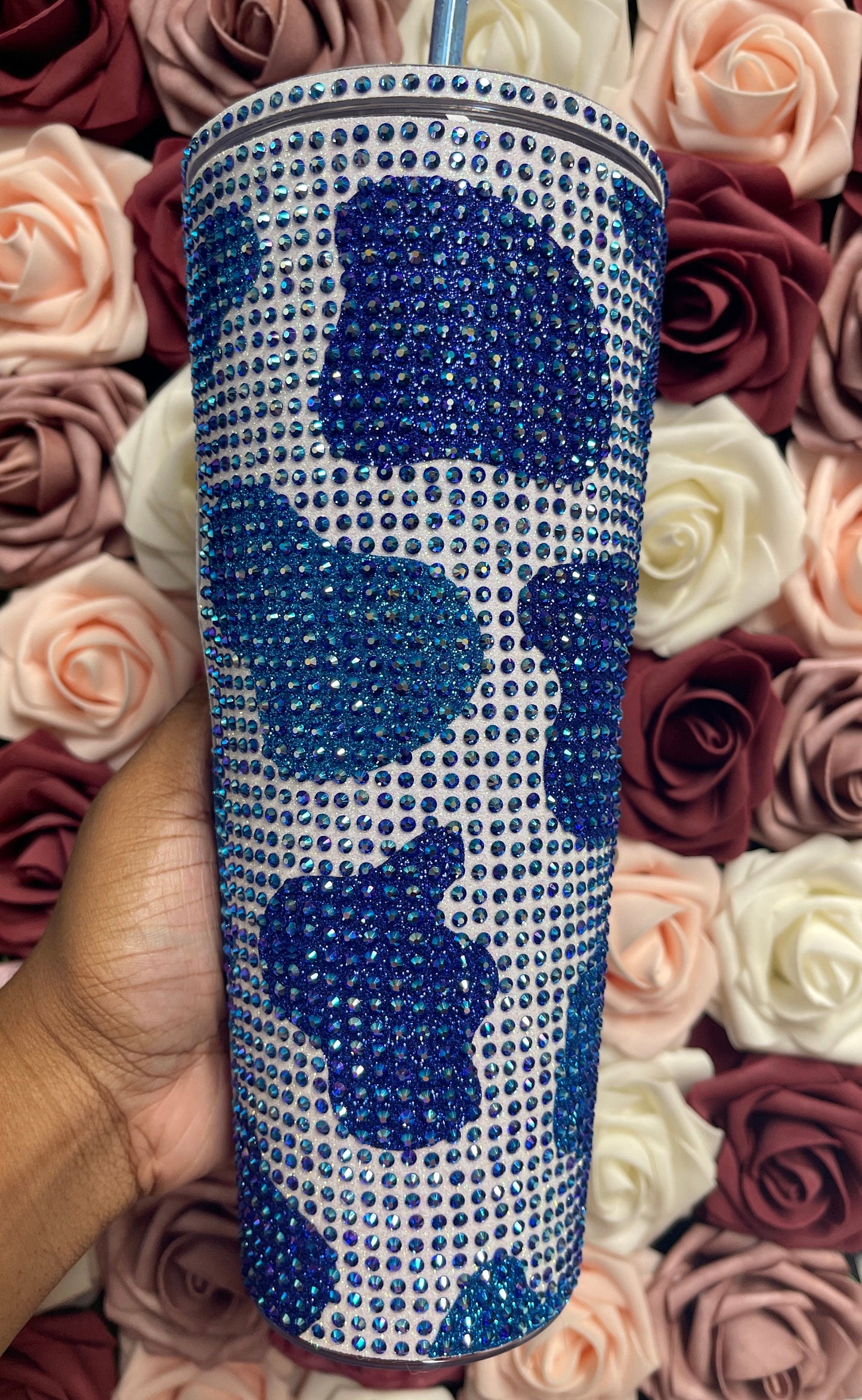 Royal Blue and Aqua Tone Cow Print with Sapphire AB Rhinestone Full Bling Venti Acrylic Starbucks Tumbler 16 or 24oz