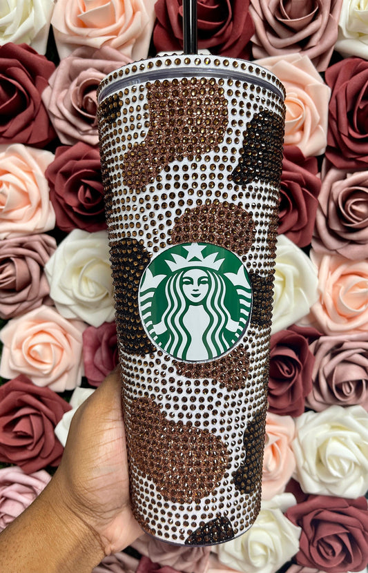 Black and Brown Two Tone Cow Print with Brown Rhinestone Full Bling Venti Acrylic Starbucks Tumbler 16 or 24oz