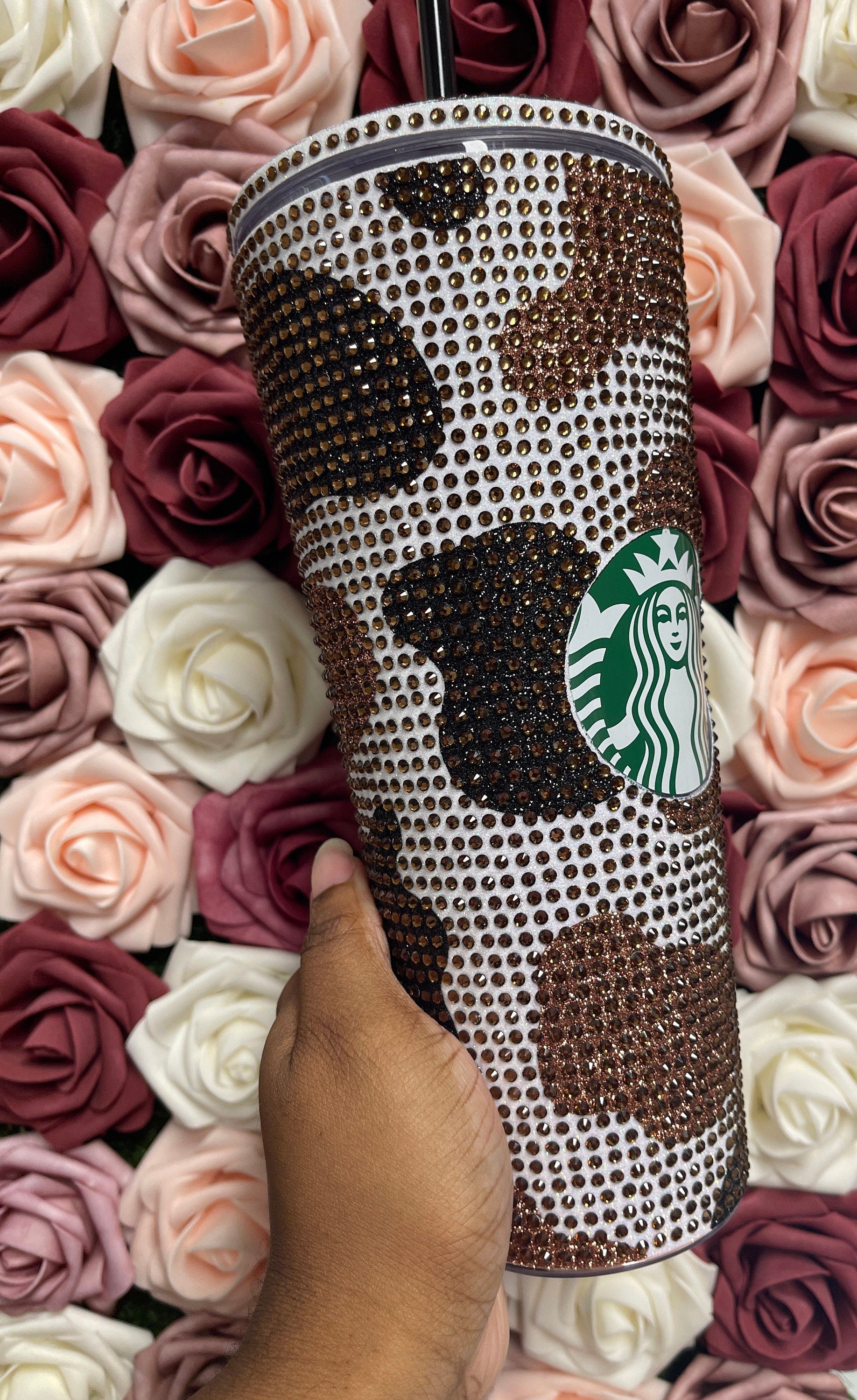 Black and Brown Two Tone Cow Print with Brown Rhinestone Full Bling Venti Acrylic Starbucks Tumbler 16 or 24oz