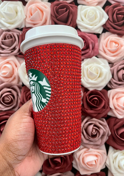 Red Glitter HTV and Red Rhinestone Bling Hot Cup Starbucks Tumbler 16oz