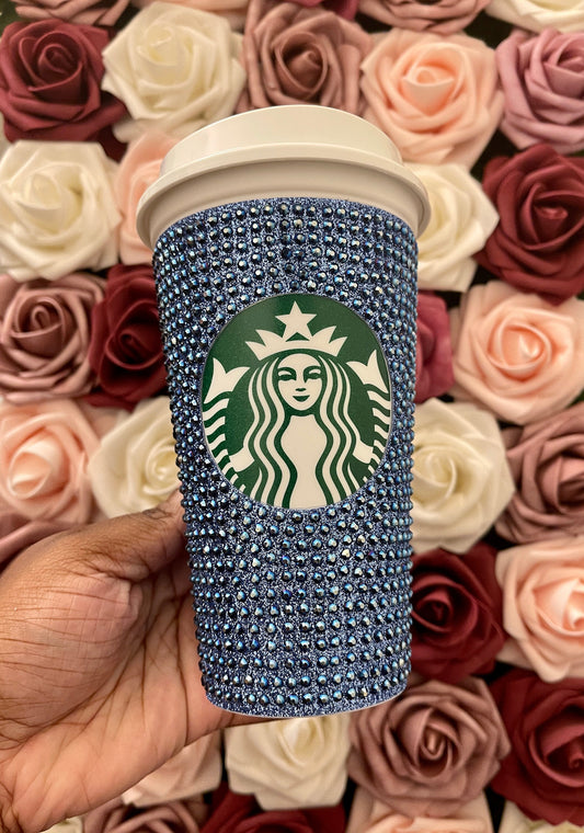 True Blue Glitter HTV and Metal Blue Rhinestone Bling Hot Cup Starbucks Tumbler 16 oz