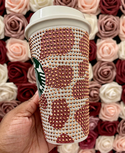 Rose Gold Glitter HTV Cow Print with Rose Gold Rhinestone Bling Hot Cup Starbucks Tumbler 16 oz