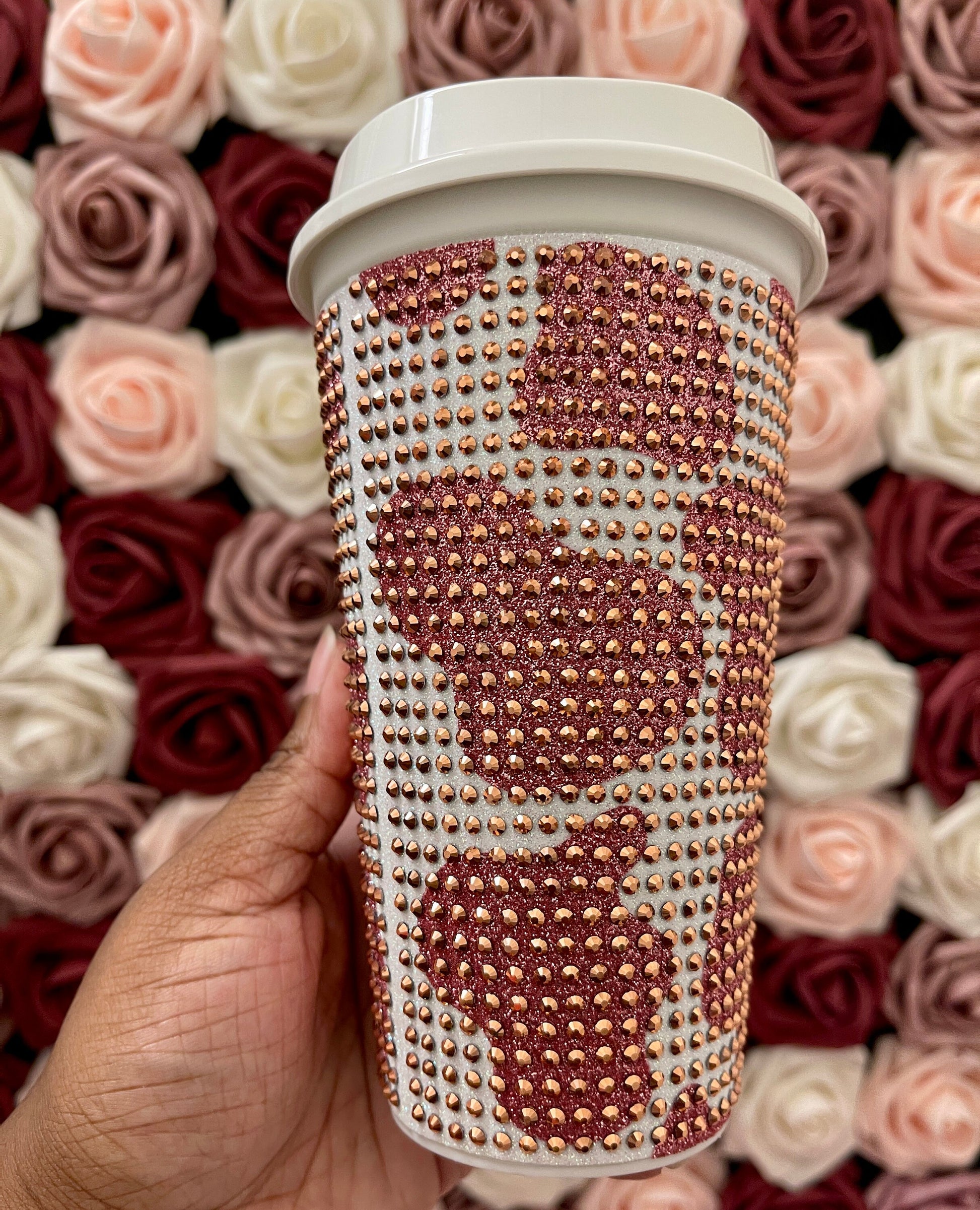 Rose Gold Glitter HTV Cow Print with Rose Gold Rhinestone Bling Hot Cup Starbucks Tumbler 16 oz