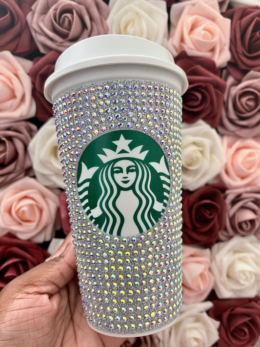 Silver Glitter HTV and Crystal AB Rhinestone Bling Hot Cup Starbucks Tumbler 16 oz