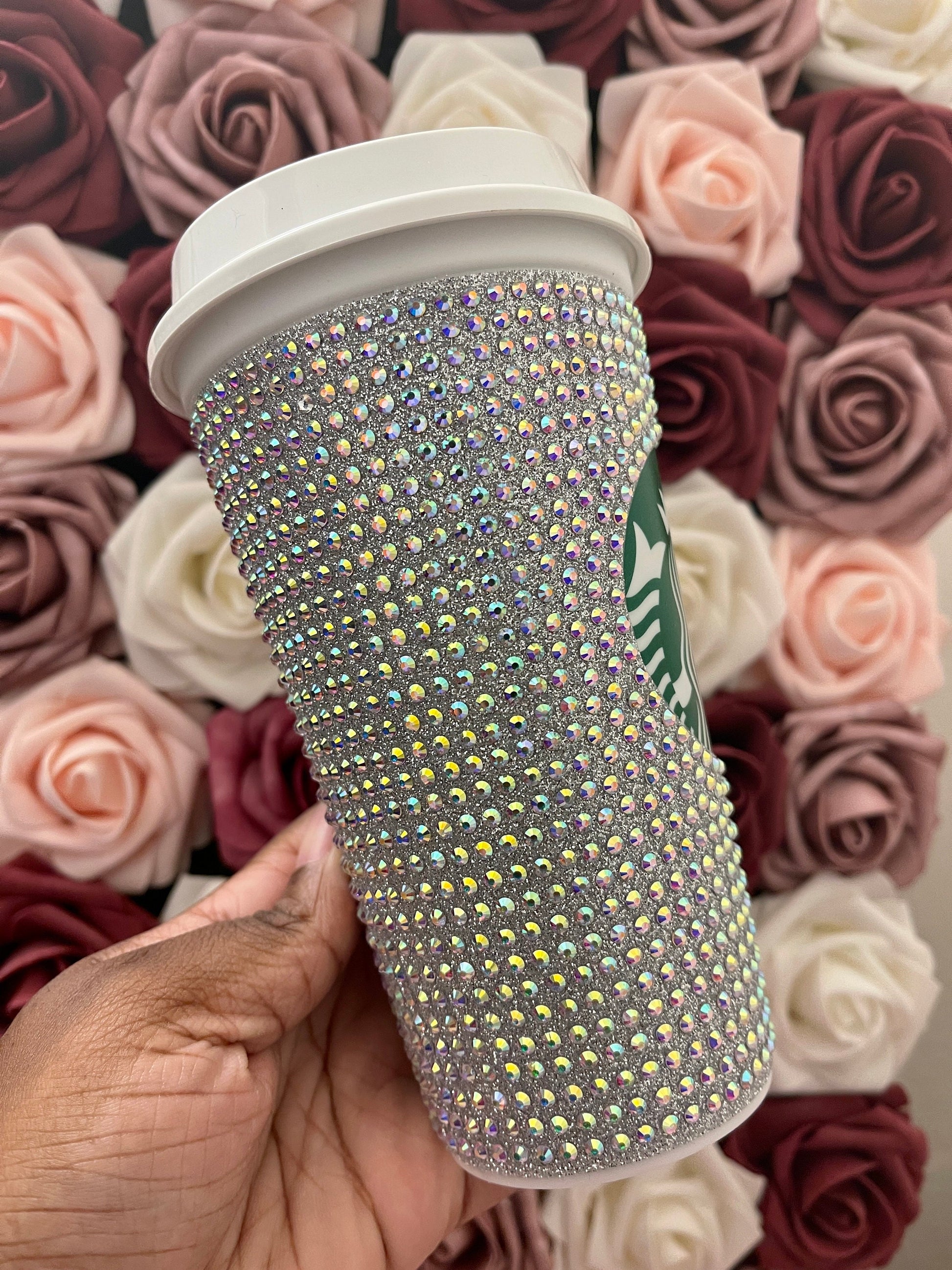 Silver Glitter HTV and Crystal AB Rhinestone Bling Hot Cup Starbucks Tumbler 16 oz