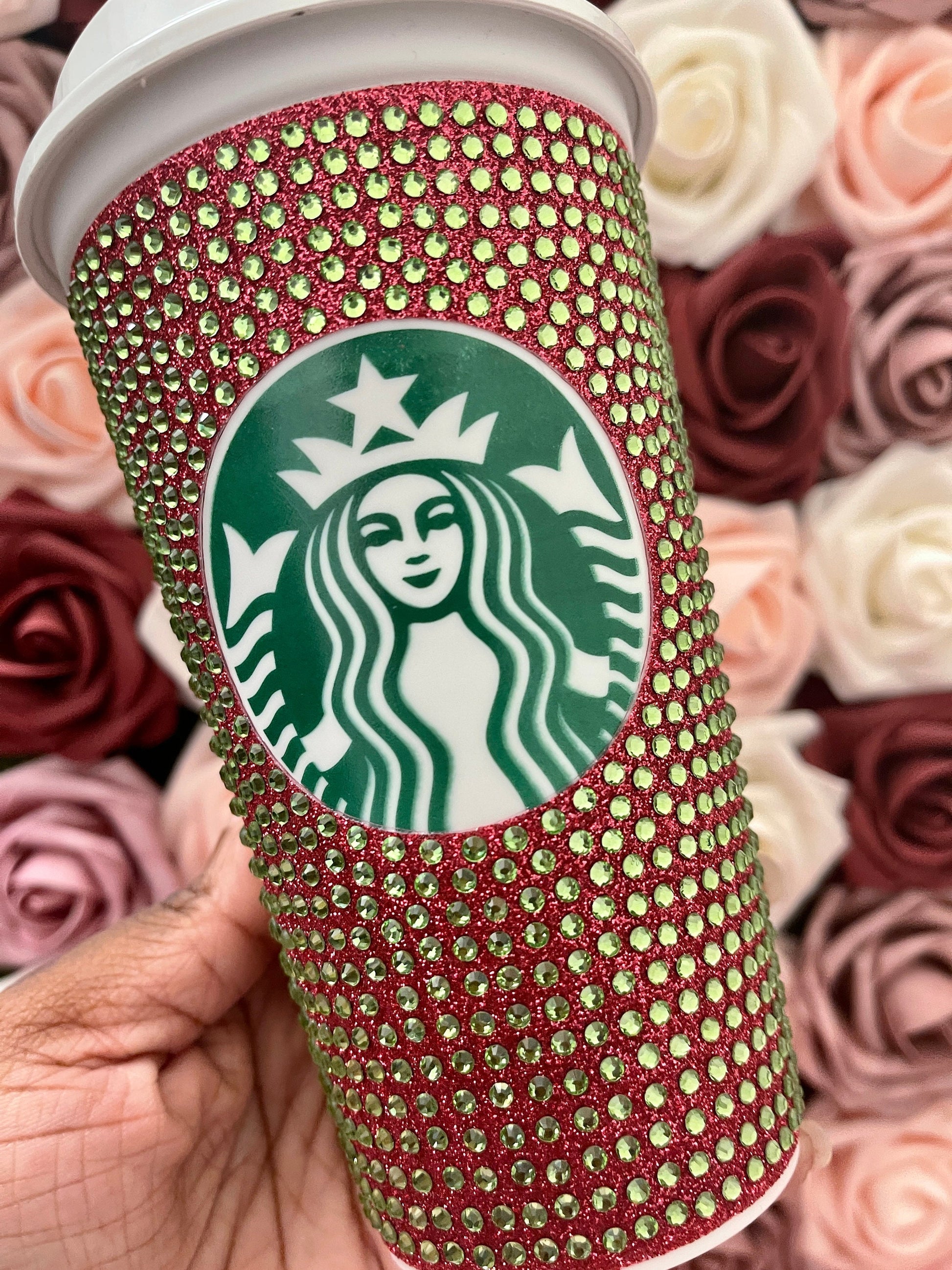 Blush Glitter HTV and Peridot Rhinestone Bling Hot Cup Starbucks Tumbler 16 oz