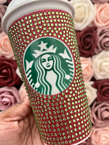 Blush Glitter HTV and Peridot Rhinestone Bling Hot Cup Starbucks Tumbler 16 oz