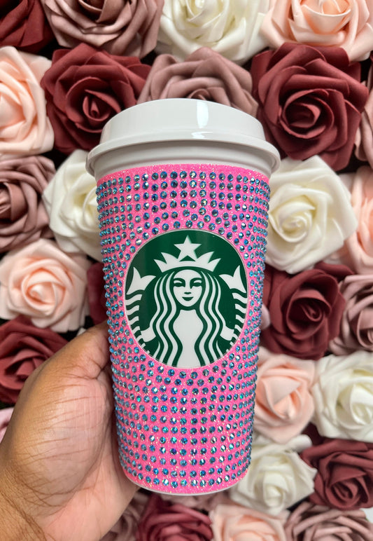 Neon Pink Glitter HTV and Aqua AB Rhinestone Bling Hot Cup Starbucks Tumbler 16 oz