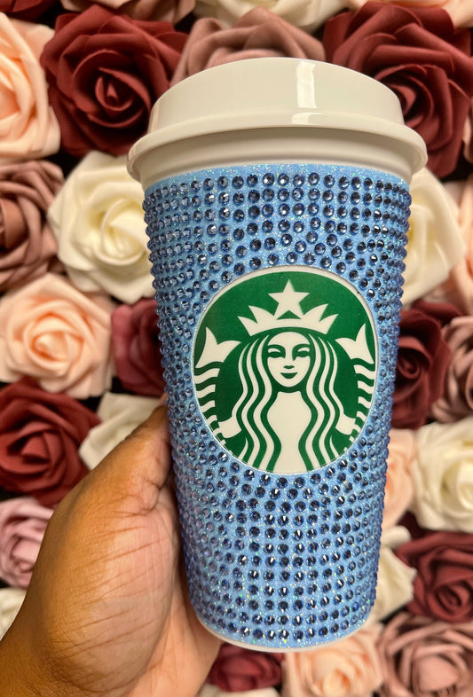 Neon Blue Glitter HTV and Light Sapphire Rhinestone Bling Hot Cup Starbucks Tumbler 16 oz
