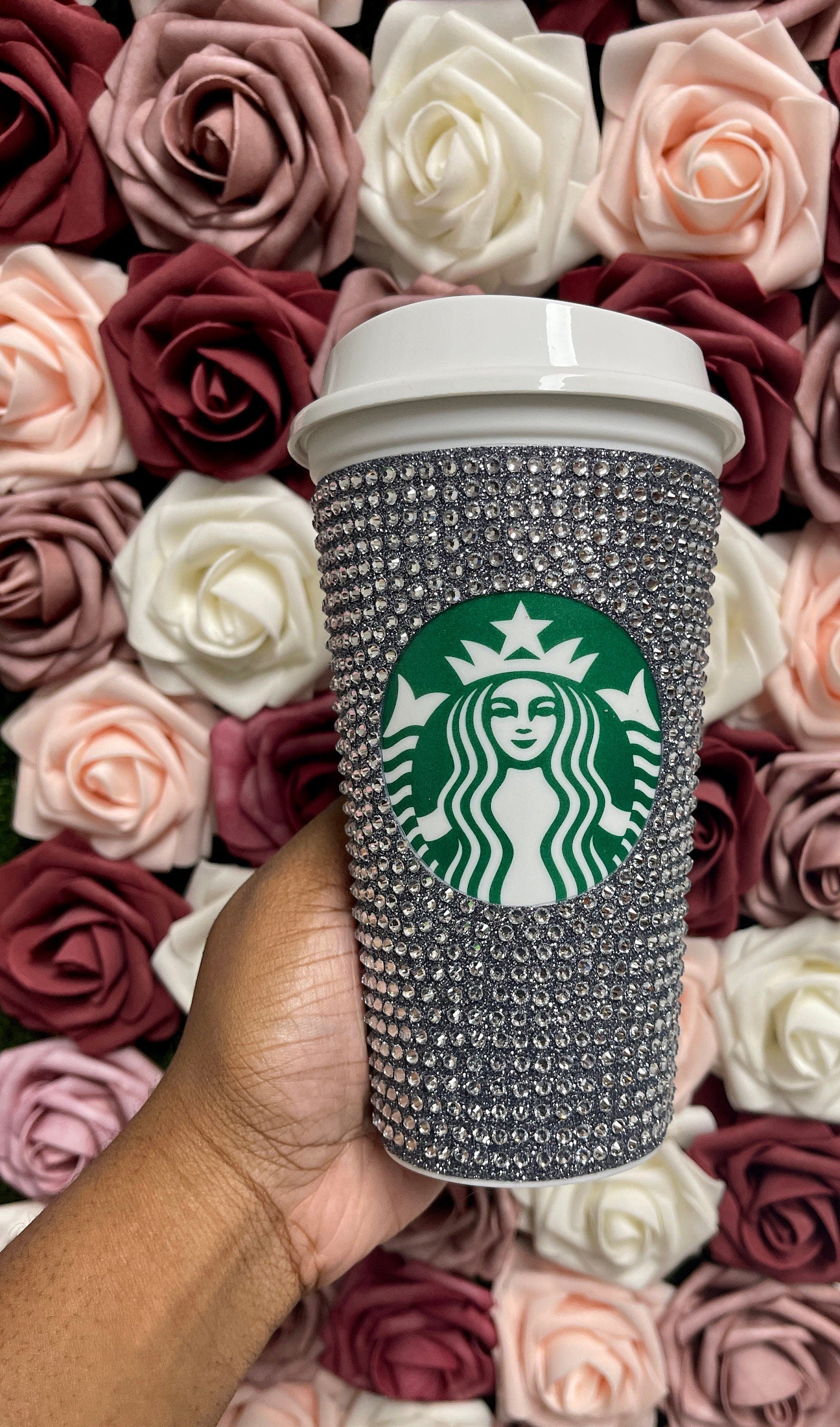 Black Silver Glitter HTV and Crystal Rhinestone Bling Hot Cup Starbucks Tumbler 16 oz