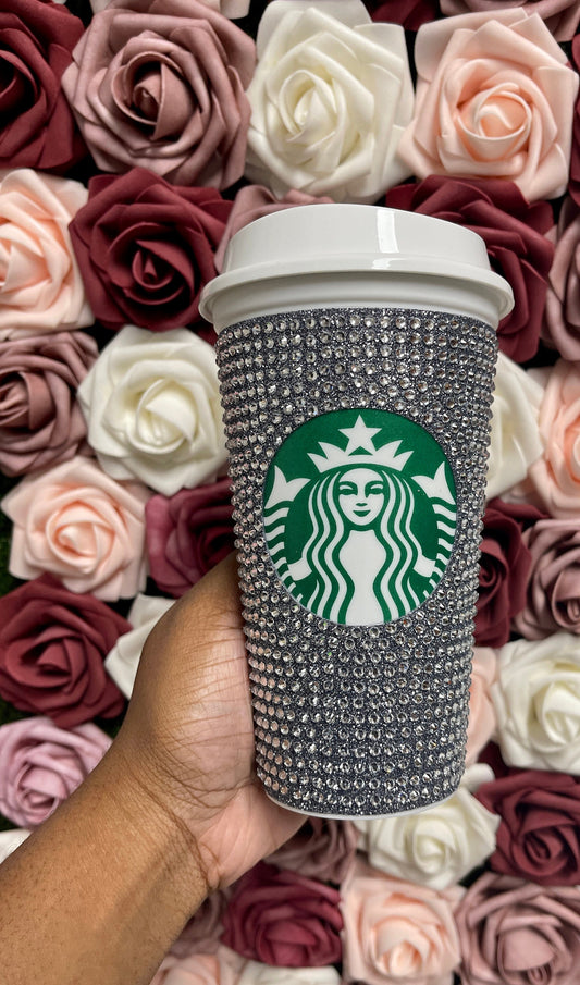 Black Silver Glitter HTV and Crystal Rhinestone Bling Hot Cup Starbucks Tumbler 16 oz