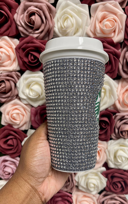 Black Silver Glitter HTV and Crystal Rhinestone Bling Hot Cup Starbucks Tumbler 16 oz