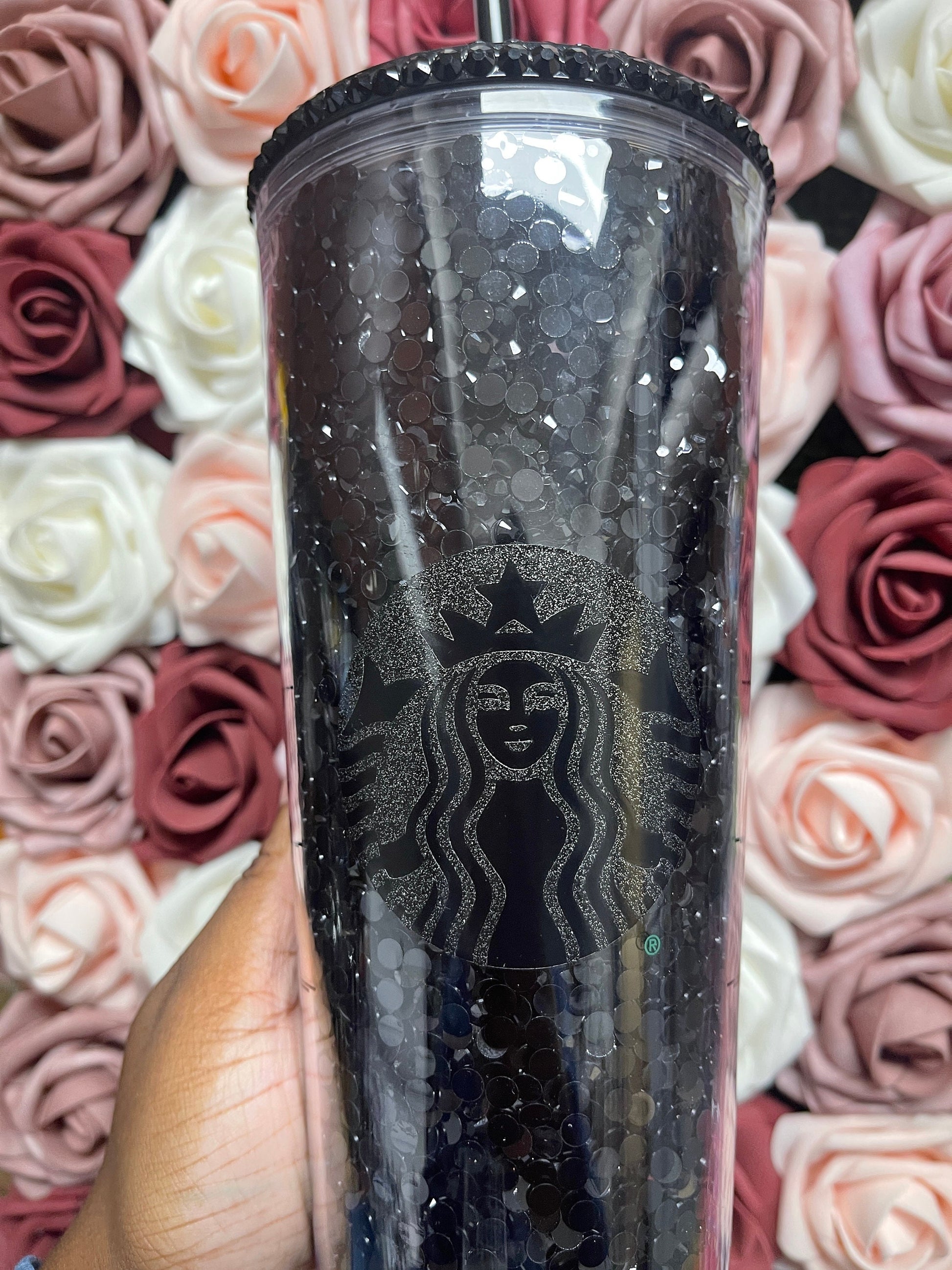 Starbucks Black Rhinestone Filled Tumbler|Rhinestone Lid| Reverse Rhinestones 16 or 24 oz