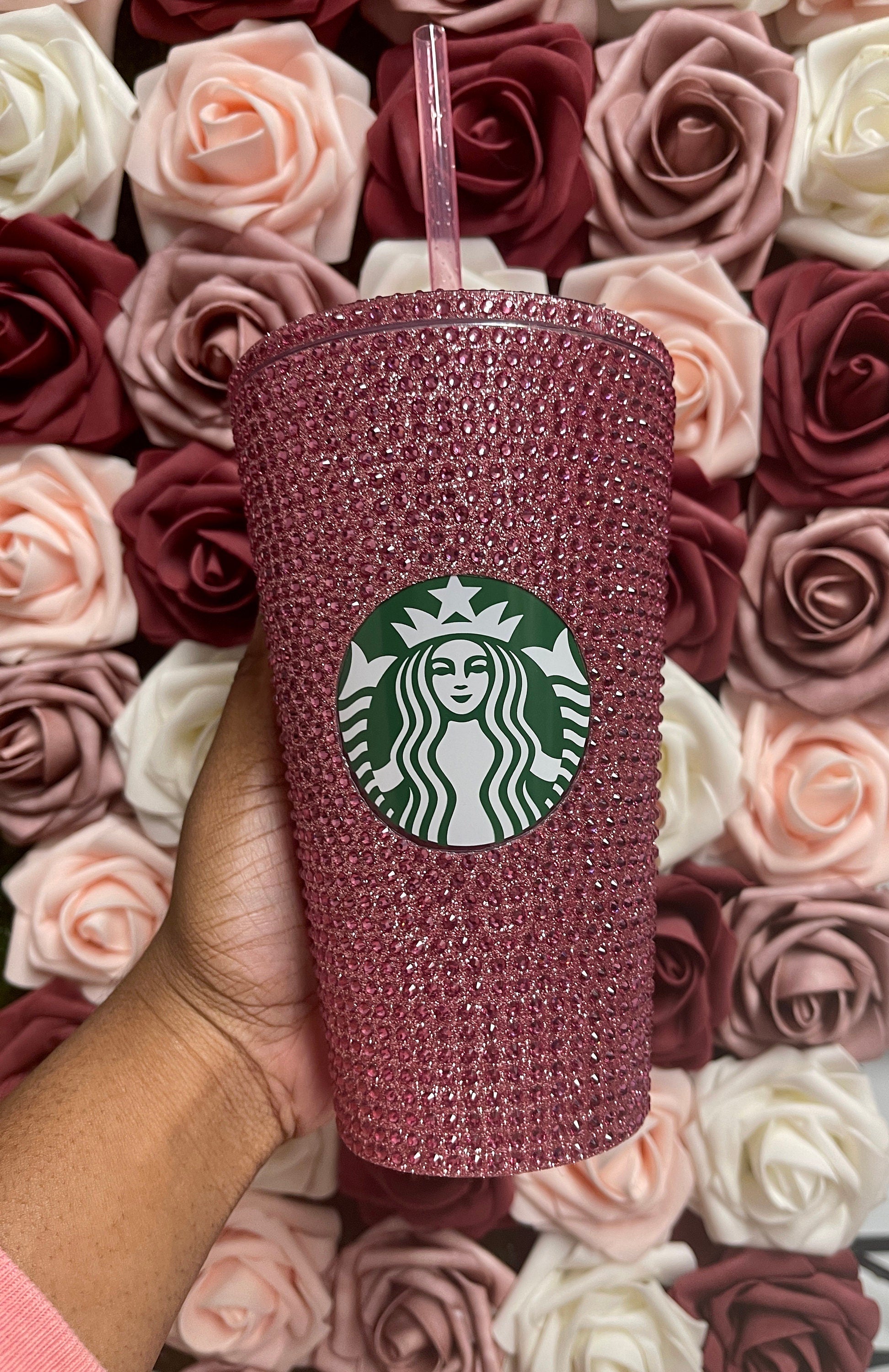Rose Gold Vinyl With Rose Pink Full Glitter Rhinestone Bling Venti Acrylic Starbucks Tumbler 24oz